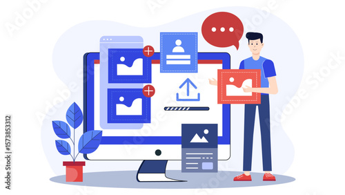 Freelancer uploading portfolio to creative platform, flat vector illustration