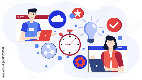 Remote team conducting async brainstorming sprint, flat vector illustration
