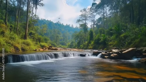 Serene river flowing through lush green forest landscape