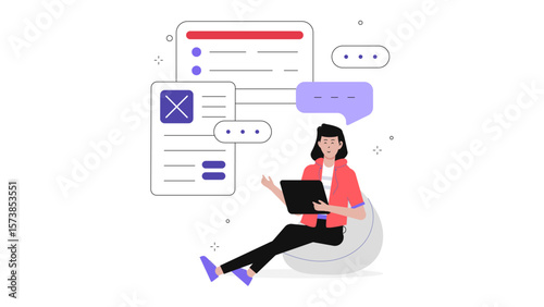 Content writer researching trending blog topics, flat vector illustration