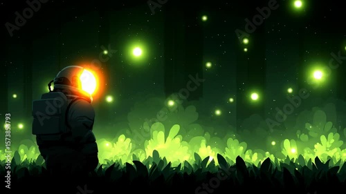 An astronaut stands in a luminous green forest illuminated by glowing plants and stars.