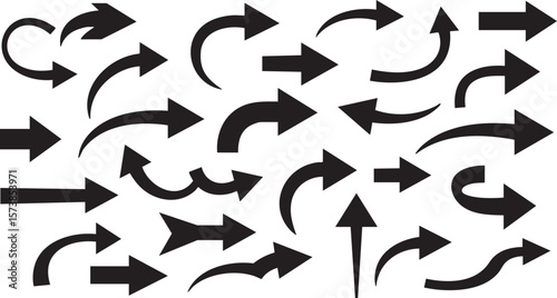 Vector art of an assortment of black arrows in different shapes and curves, indicating various directions and choices isolated on transparent background