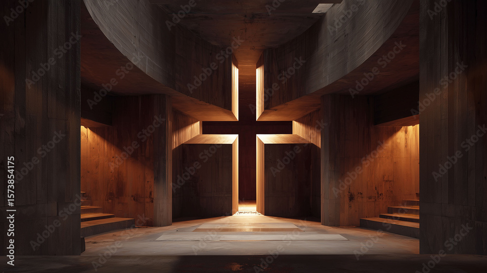Naklejka premium church Hall entrance with giant cross structure illuminated by warm light symbolizing sacred passage faith and hope in spiritual architecture
