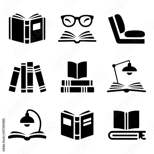 collection of nine black and white icons representing reading and learning