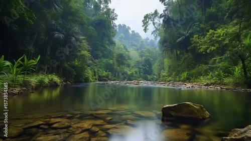 Serene River Flowing Through Lush Green Jungle Landscape