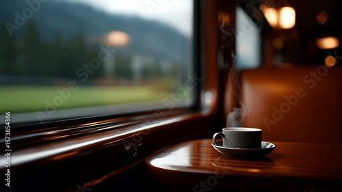 A serene train journey featuring a steaming cup of coffee resting on a polished wooden table.