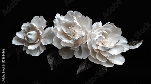 Fototapeta Naklejka Na Ścianę i Meble -  Three elegant, cream-colored peonies in a close-up, studio shot against a black background.