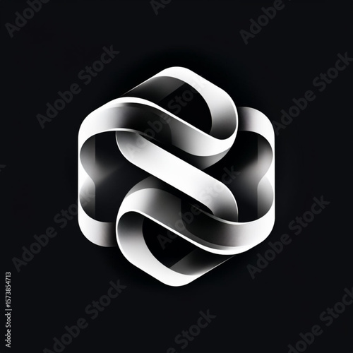 Monochromatic 3D Ribbon Logo Design on Black Background