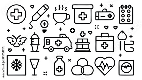 Medical symbols and icons in black and white healthcare cross