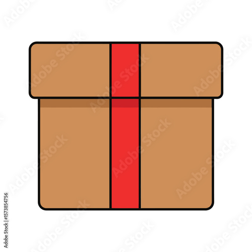 A brown gift box with a red ribbon is isolated on white background, waiting to be opened with anticipation