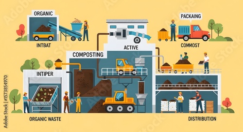 Detailed Illustration of Composting Process: Organic Waste to Distribution Stages