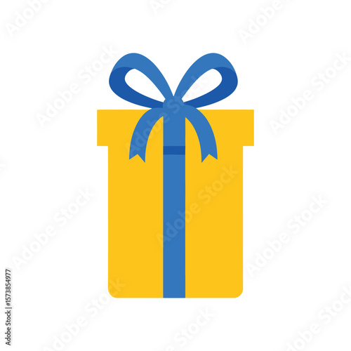 A yellow gift box with a blue ribbon and bow, isolated on white background, ideal for birthdays and special occasions