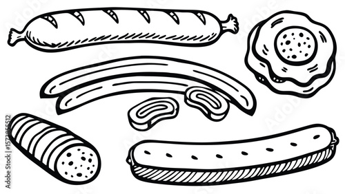 Various sausage types illustration frankfurter bratwurst