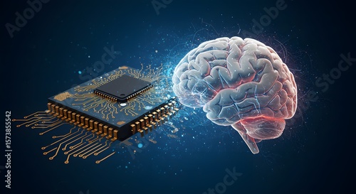 A digital illustration of a human brain alongside a computer chip, symbolizing artificial intelligence.