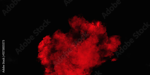Red color powder explosion isolated on black background. Colorful dust explode. Paint Holi, dust particles splash. Network concept with spray. Futuristic technology element. 3D rendering.