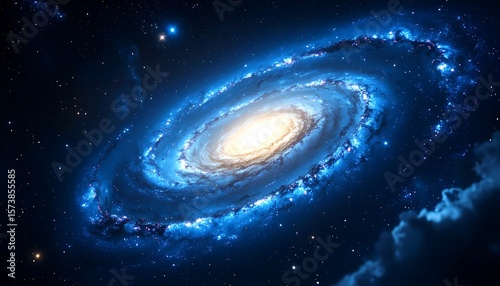A spiral galaxy, vibrant blue and luminous, dominates a vast expanse of space.  Stars and nebulae dot the background, a deep cosmic canvas