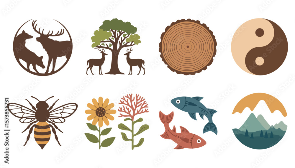 Fototapeta premium Seamless vector illustration set of cute cartoon animals, nature, and floral patterns with seasonal decoration icons
