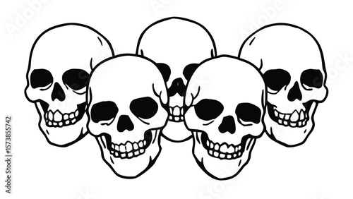 Detailed sketch of five human skulls arranged in a cluster drawing black and white