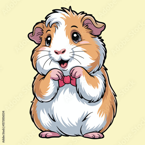 Cartoon guinea pig with a bow tie standing up smiling