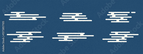 White cloud motif for Japan or Asian design with rough brush elements and vintage Chinese style. Grunge blue background with dot or indigo noise texture. Use for culture, or ethnic decoration.
