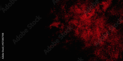 Red color powder explosion isolated on black background. Colorful dust explode. Paint Holi, dust particles splash. Network concept with spray. Futuristic technology element. 3D rendering.