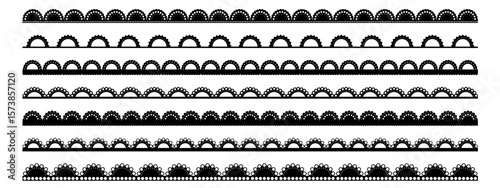 Scallop lace edge with border, trim, and vintage pattern in black vector style. Crochet ribbon or embroidery stripe for decoration or card frame design.
