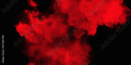 Red color powder explosion isolated on black background. Colorful dust explode. Paint Holi, dust particles splash. Network concept with spray. Futuristic technology element. 3D rendering.