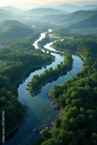 Wallpaper Mural An inspiring photo realistic aerial shot displays a winding river, reflecting its serpentine path through landscapes, emphasizing the flow of water and surrounding terrain. Torontodigital.ca