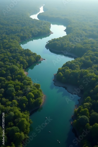 Wallpaper Mural A hyper realistic aerial view captures a winding river, its serpentine path cutting through lush green landscapes, emphasizing the flow of water and surrounding terrain. Torontodigital.ca