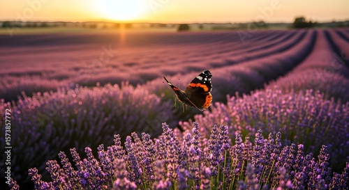 Butterfly Flying Over Purple Lavender Field at Golden Sunset