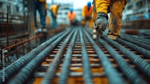 Wallpaper Mural Workers placing rebar on construction site, background blurred Torontodigital.ca