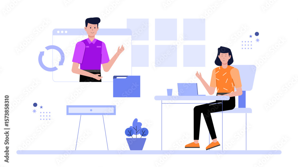 Fototapeta premium Remote employees working on shared design file flat vector illustration