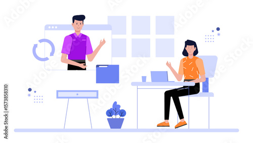 Remote employees working on shared design file flat vector illustration