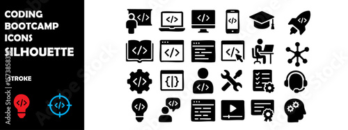Coding Bootcamp Icons Silhouette Vector Set – Programming Training, Developer Education and Tech Skills
