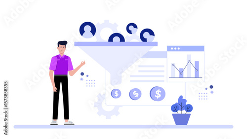 Sales manager analyzing deal progression funnel flat vector illustration