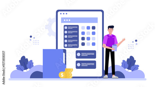 Business owner managing subscriptions on admin panel flat vector illustration