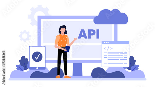 Product manager planning API integration launch flat vector illustration