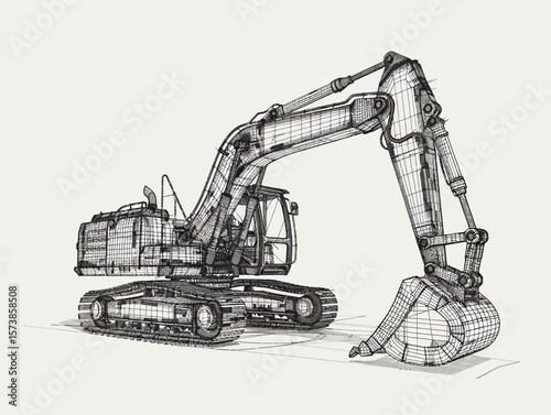 Excavator wire-frame grid futuristic design concept vector illustration