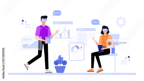 Employees joining virtual innovation challenge flat vector illustration