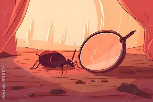 Ant with Magnifying Glass in a Red Desert Pixel Art