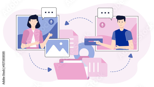 Remote employees working on shared design file flat vector illustration
