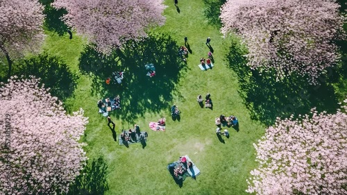 People relaxing on the grass under blooming cherry trees in a lush park on a sunny day