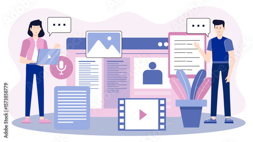 Design team creating visual assets for press kit flat vector illustration