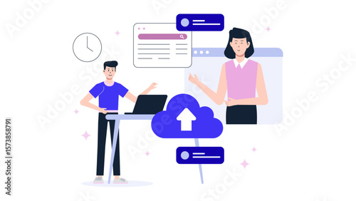 Remote employees working on shared design file flat vector illustration