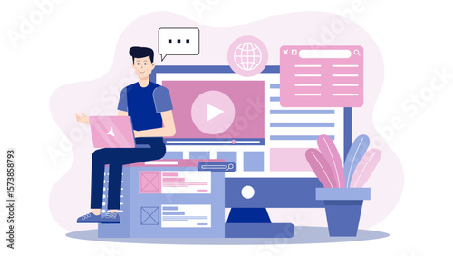 Digital strategist creating YouTube ad campaign flat vector illustration
