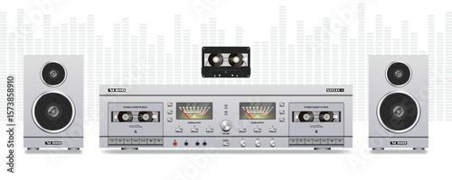 Vector light vintage analog music double cassette white deck. Sound recording tape recorder. Buttons and knobs. Arrow screens decibel meter. Retro electronic equipment. Stereo audio system, speakers