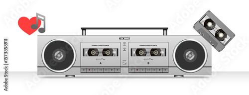 Vector white portable vintage stereo tape recorder with cassette decks and speakers in modern design. Audio recording analog device. Retro music mobile gadget. Electronic equipment stereo audio system