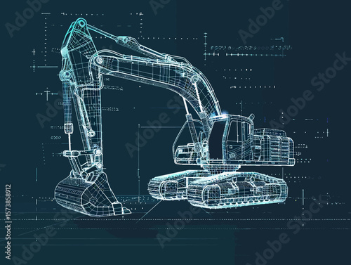 Excavator wire-frame grid futuristic design concept vector illustration