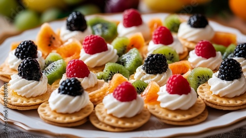 Crackers with a spread of soft cheese and fruits bites arranged on a plate.