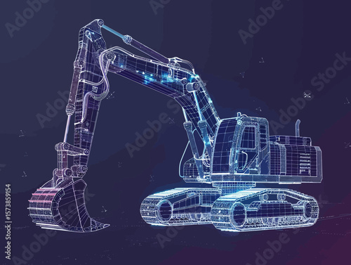 Excavator wire-frame grid futuristic design concept vector illustration